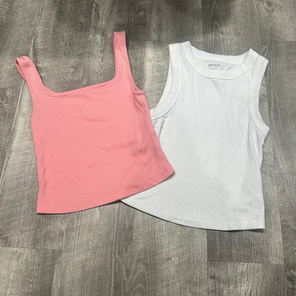 Old Navy Ribbed Tank Tops Lot of 2 Pink & White‎ Sleeveless Stretch XS Petite